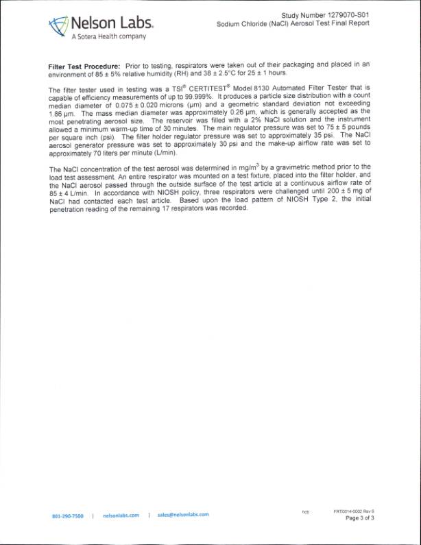 N95口罩NELSON效率检测报告-天津泰达清洁质料有限公司